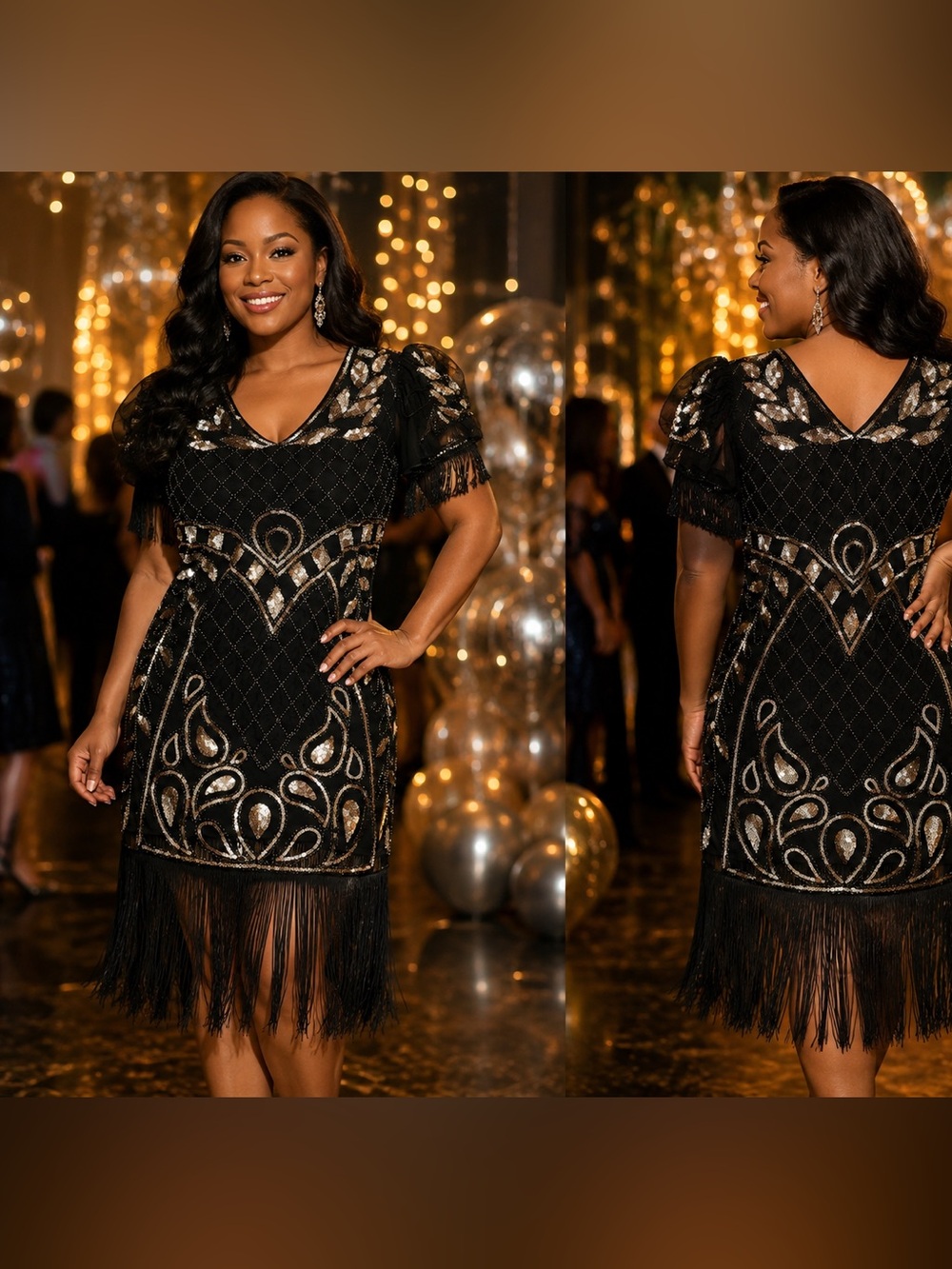 Metme XXL Black Gold Sequin Fringe Flapper Dress Gatsby Art Deco Party Plus